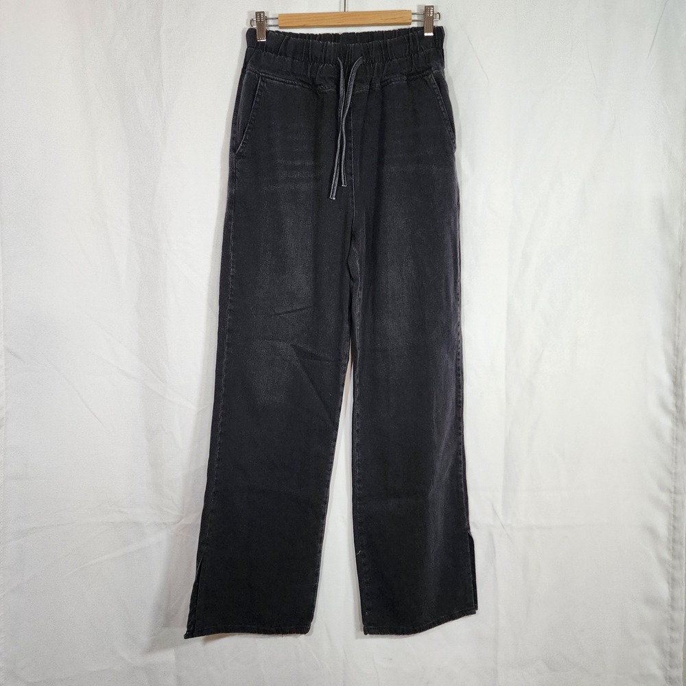Wide Leg Black Valeur Denim Pants with Drawstring Waist - Relaxed Casual